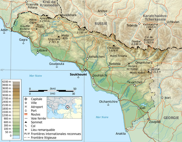 Physical map of Abkhazia. Abkhazia physical map.