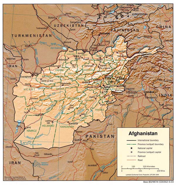 Detailed relief and administrative map of Afghanistan.