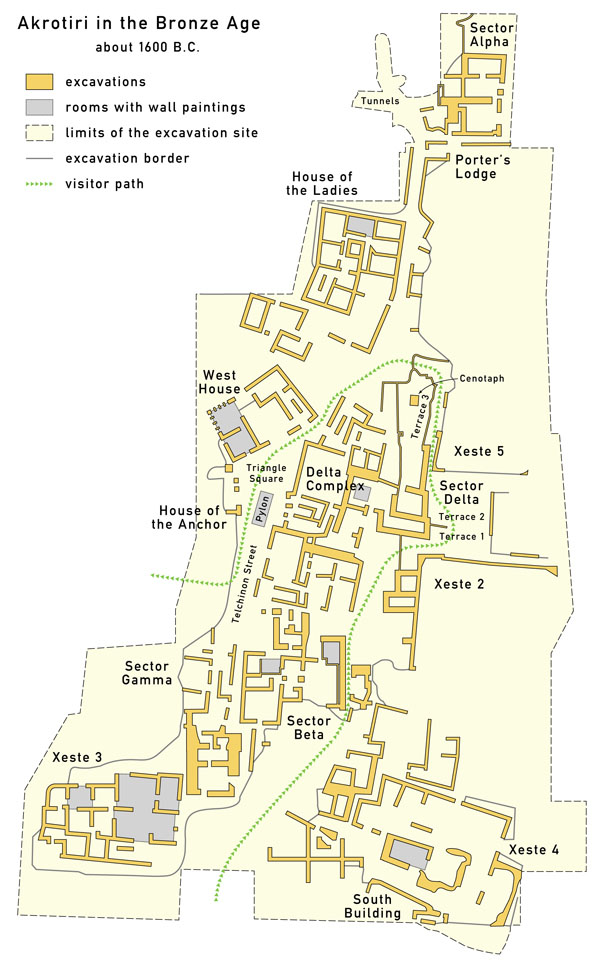 Detailed map of Akrotiri 1600 BC English.