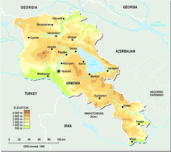 Detailed topographical map of Armenia.