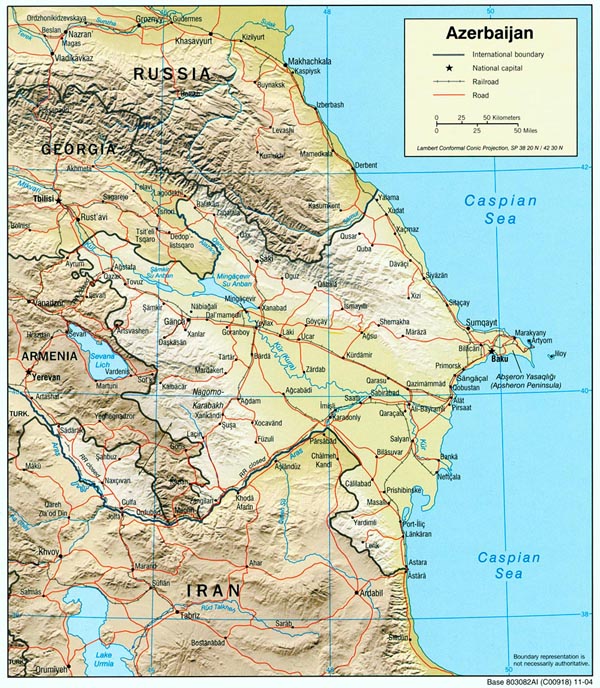 Detailed road and political map of Azerbaijan.