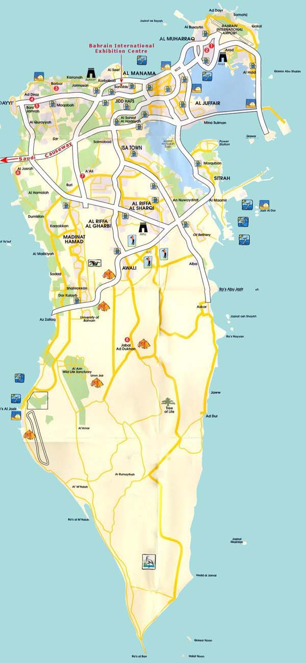 Detailed road and tourist map of Bahrain.