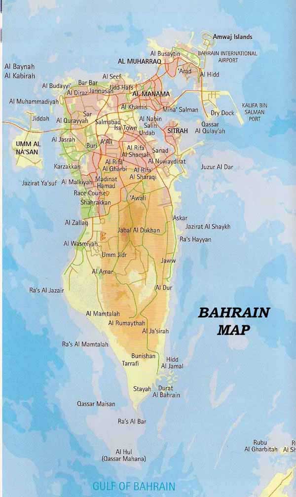 Road and physical map of Bahrain. Bahrain road and physical map.