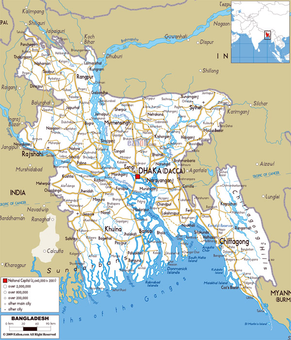 Large detailed road map of Bangladesh with all cities, roads and airports.