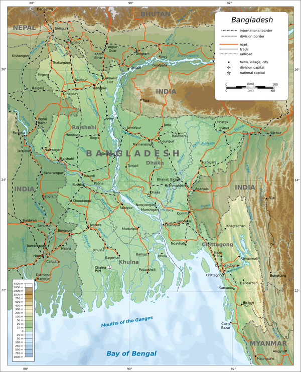 Physical map of Bangladesh. Bangladesh physical map.