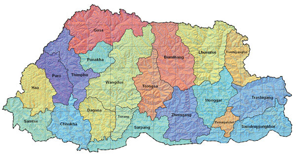 Detailed administrative and relief map of Bhutan.