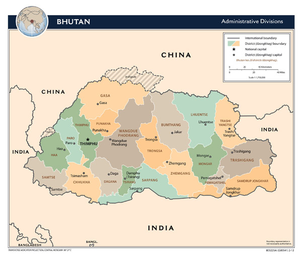 Large detailed administrative divisions map of Bhutan with major cities.