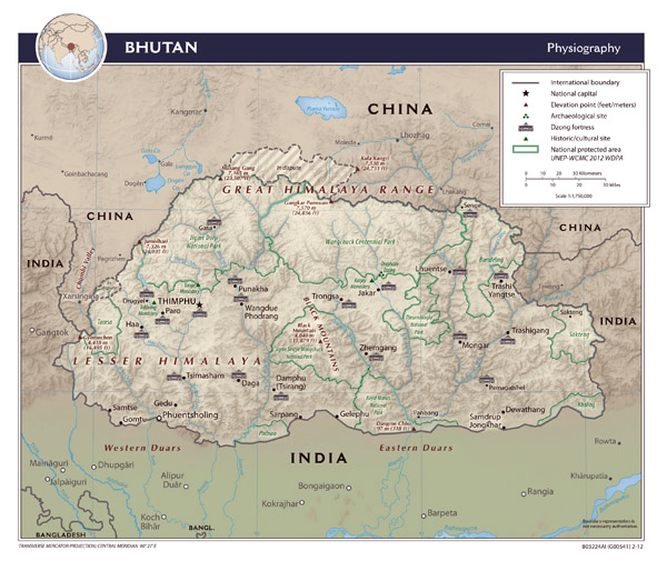 Large detailed physiography map of Bhutan.