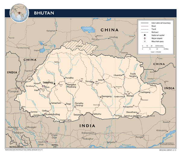 Large detailed political map of Bhutan with roads, major cities and airports.