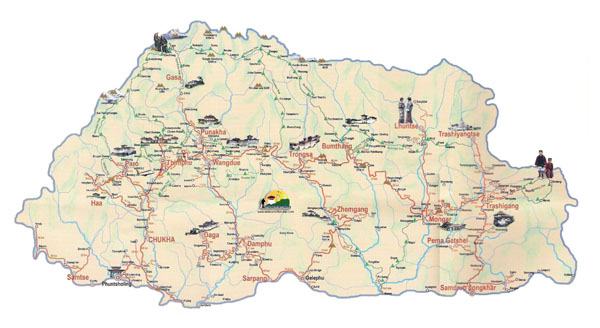 Large detailed tourist map of Bhutan. Bhutan large detailed tourist map.