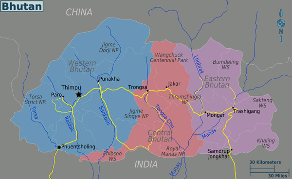 Large regions map of Bhutan. Bhutan large regions map.