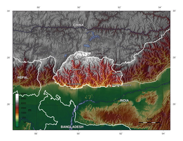 Large topographical map of Bhutan. Bhutan large topographical map.