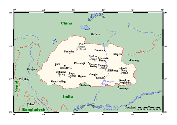 Map of Bhutan with major cities. Bhutan map with major cities.