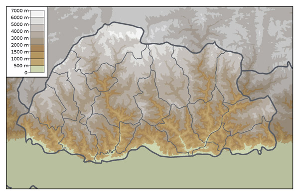 Physical map of Bhutan. Bhutan physical map.