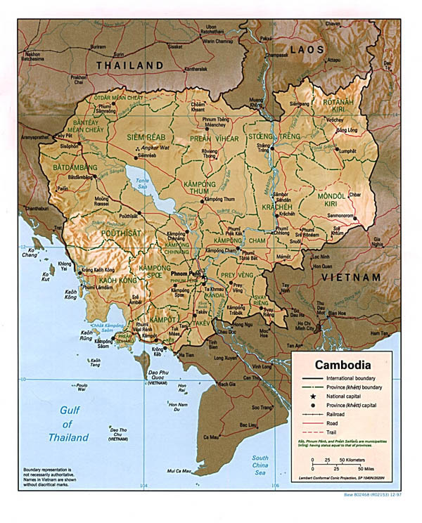 Detailed relief and political map of Cambodia.