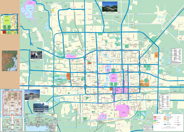 Large detailed top tourist attractions map of Beijing city with street names, hotels and other marks.