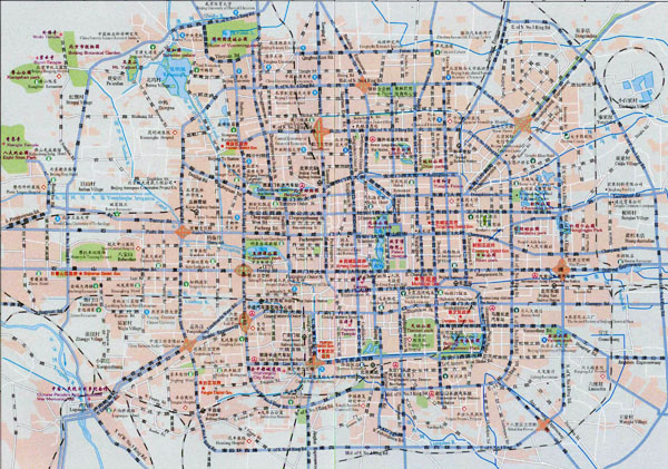 Large road map of Beijing in english and chinese.