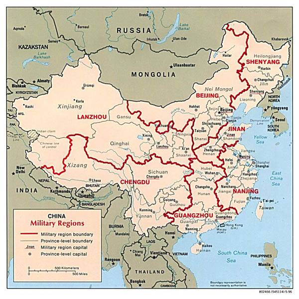 Detailed military regions map of China - 1996.