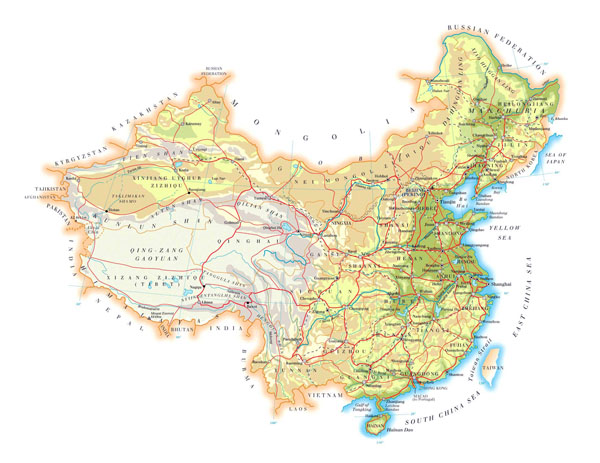 Detailed physical map of China with roads, cities and airports.