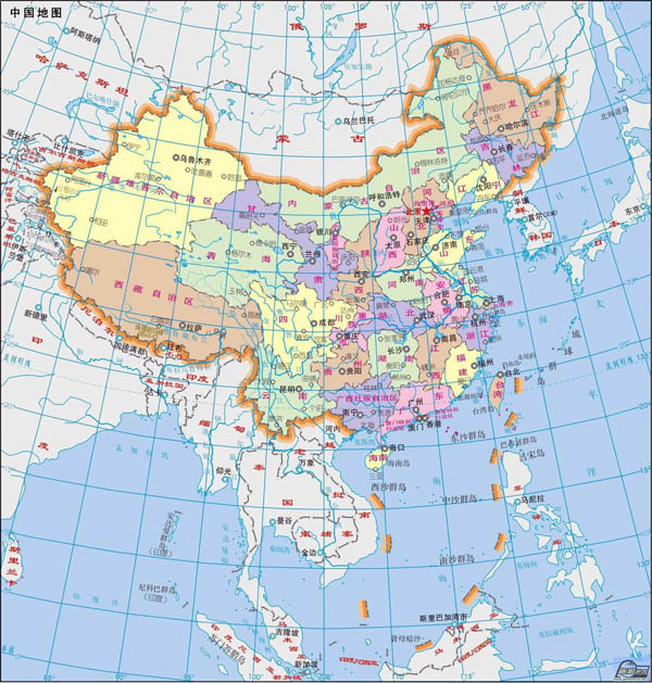 Detailed political and administrative map of China in Chinese.