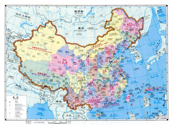 Detailed political and administrative map of China in english and chinese.