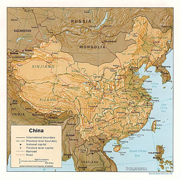 Detailed political and administrative map of China with relief 1996.