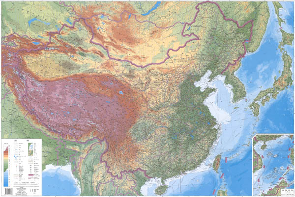 High resolution detailed physical map of China in Chinese.