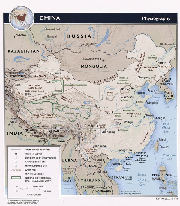 Large detailed physiography map of China. China large detailed physiography map.
