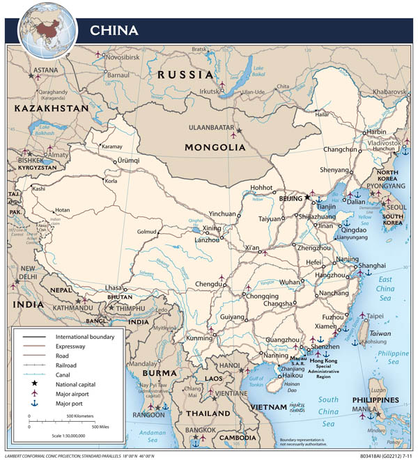 Large detailed political map of China with roads, major cities and airports.