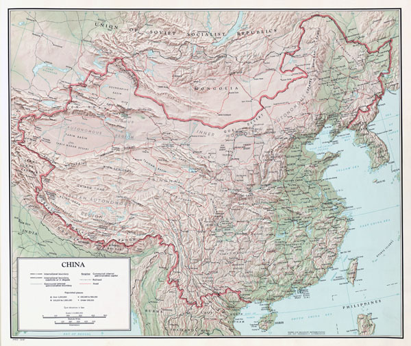 Large detailed relief, administrative and political map of China with all cities and roads.