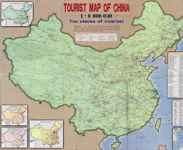 Large detailed tourist and road map of China.