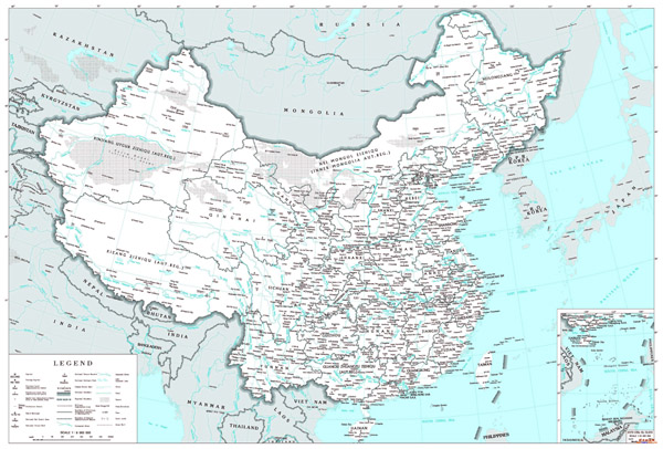 Large political and administrative map of China with cities and other marks in english.