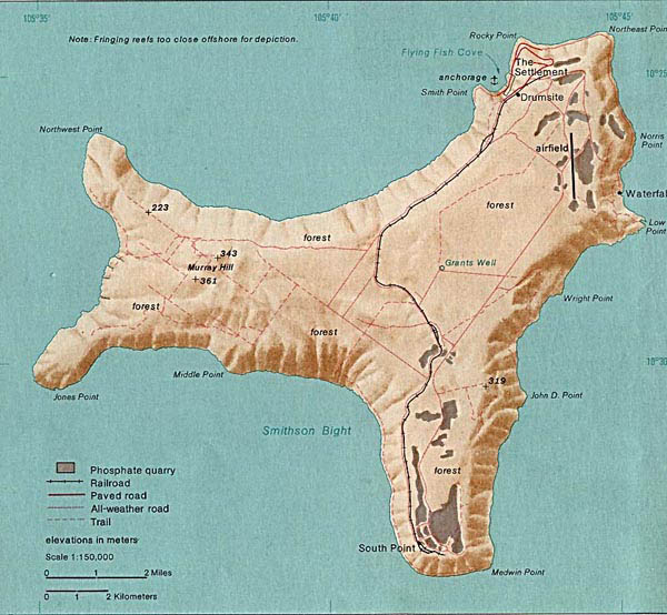 Large detailed relief and road map of Christmas Island.