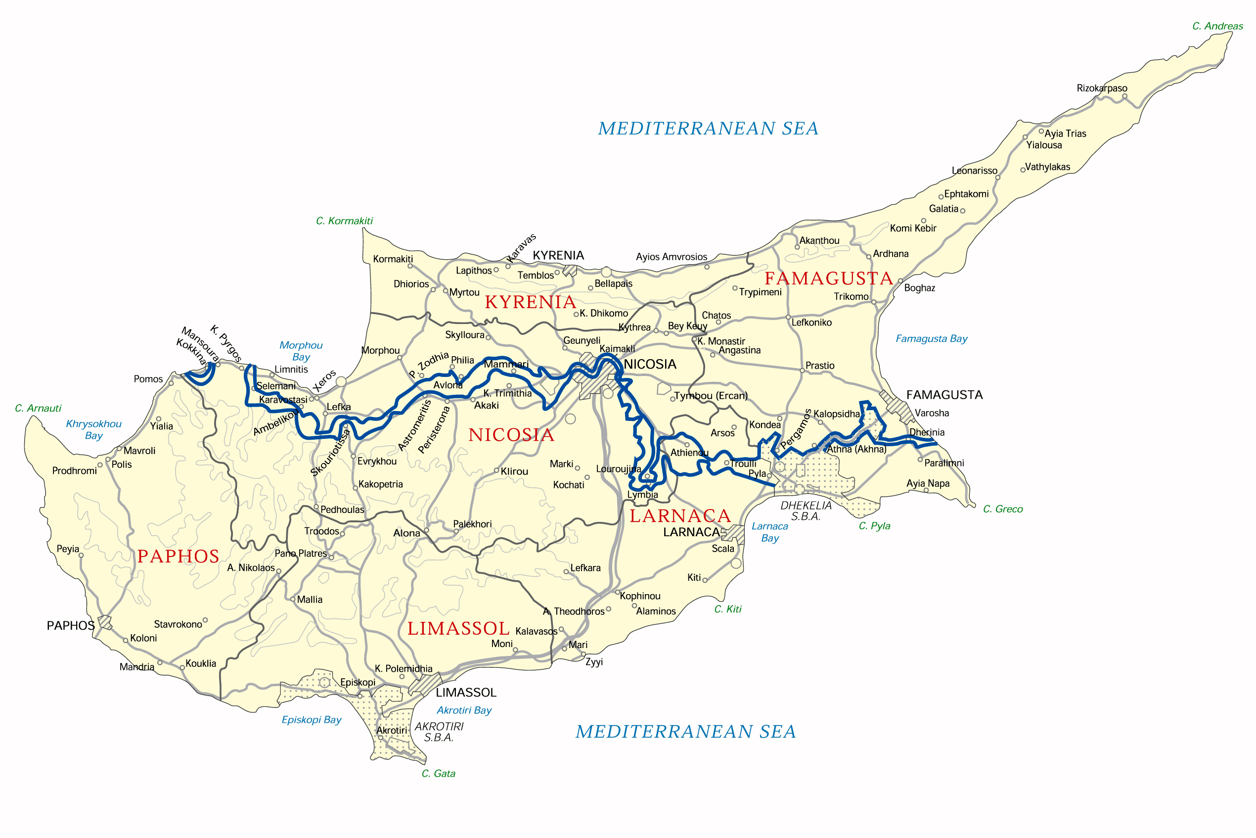 Big road and administrative map of Cyprus. Cyprus big road and