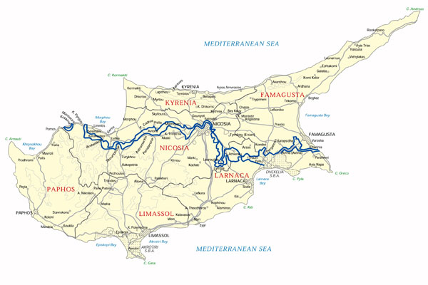 Big road and administrative map of Cyprus.