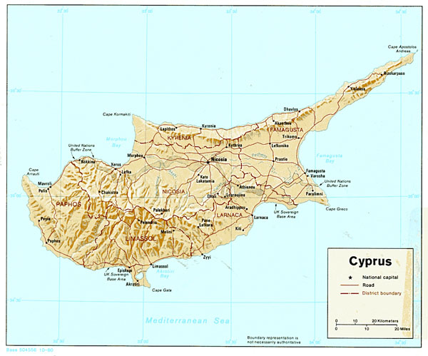 Detailed relief and administrative map of Cyprus.