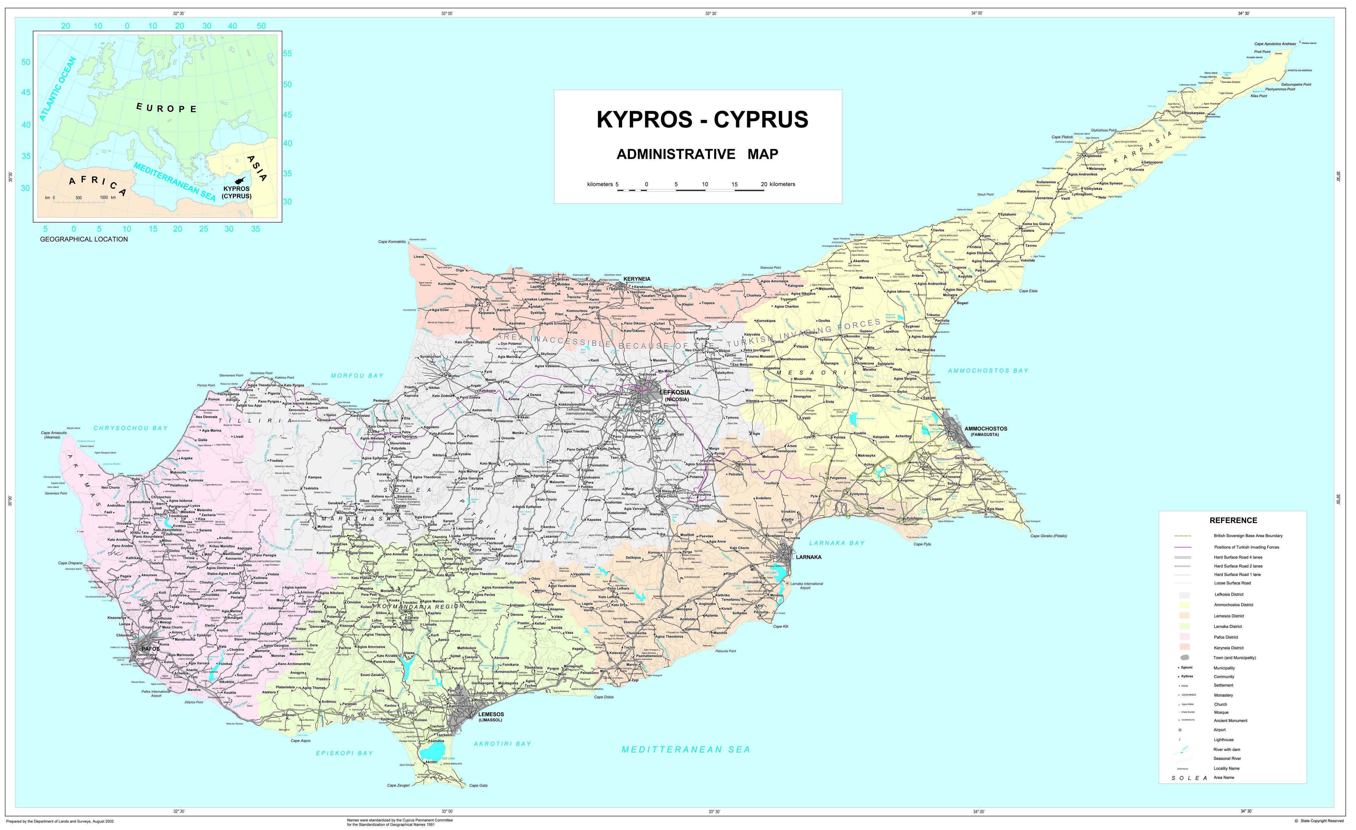 Large Detailed Road And Administrative Map Of Cyprus With All Cities 