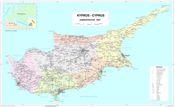 Large detailed road and administrative map of Cyprus with all cities and roads on the map.