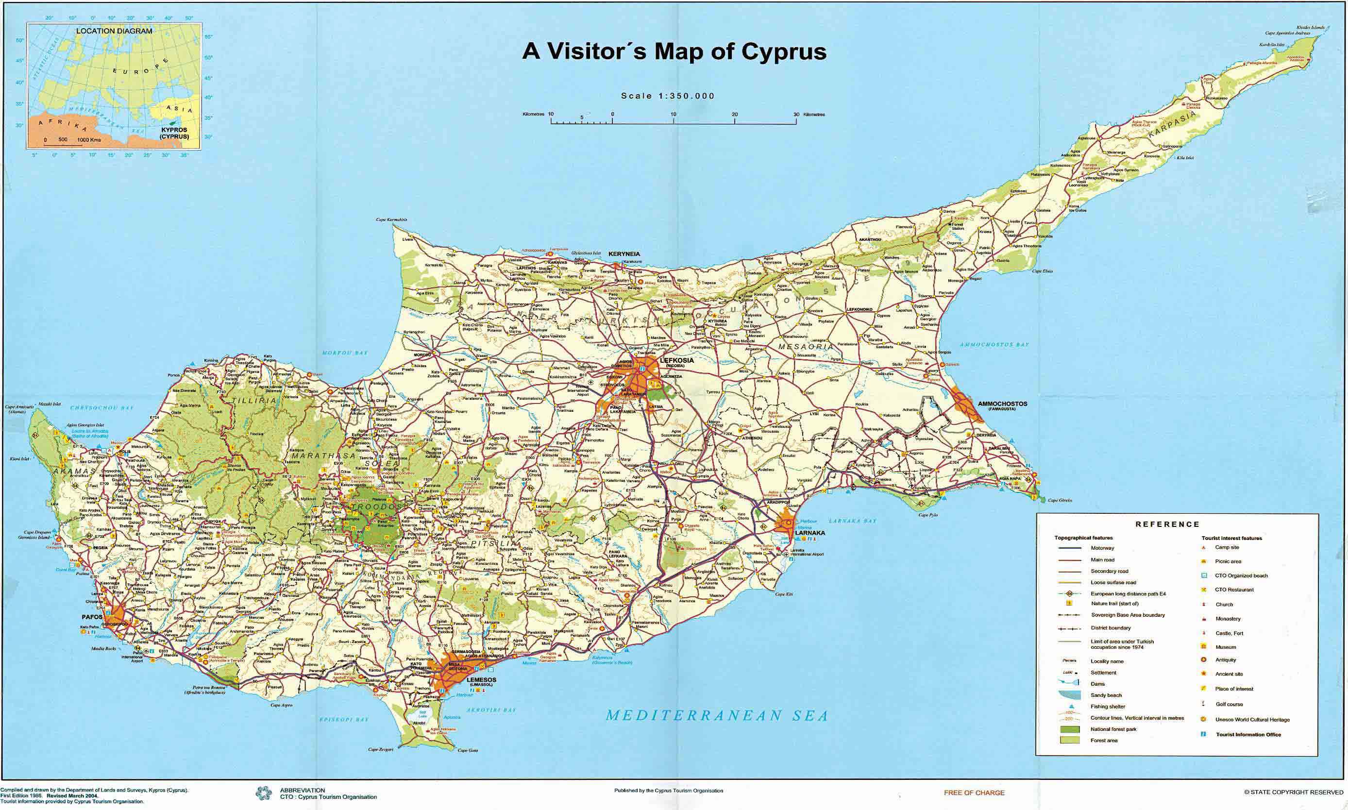 Large detailed road and tourist map of Cyprus. Cyprus large detailed road and tourist map