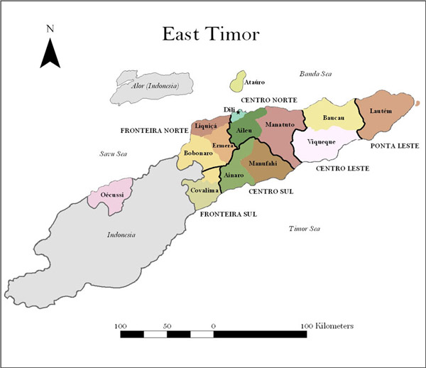 Administrative map of East Timor. East Timor administrative map.