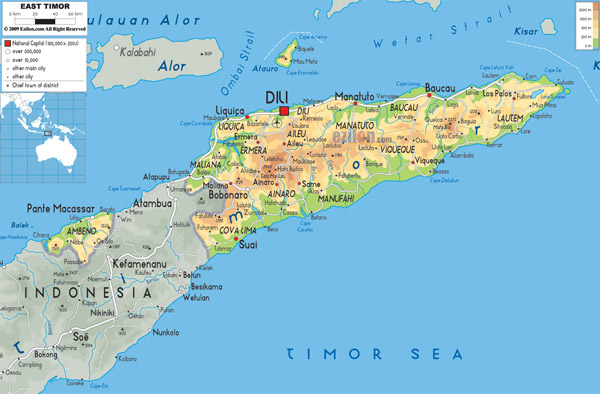 Large road and physical map of East Timor.