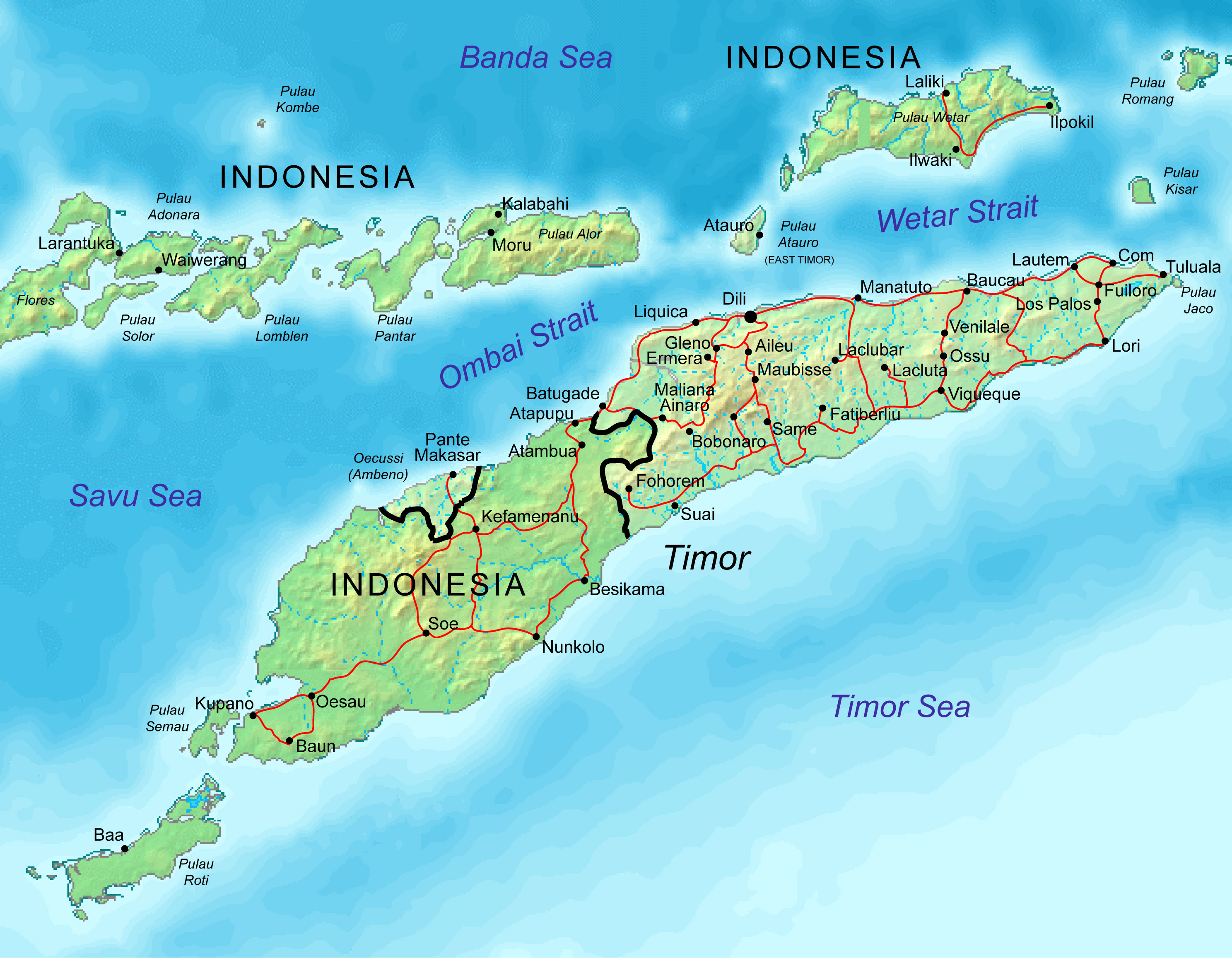 Road and physical map of East Timor. East Timor road and physical map ...