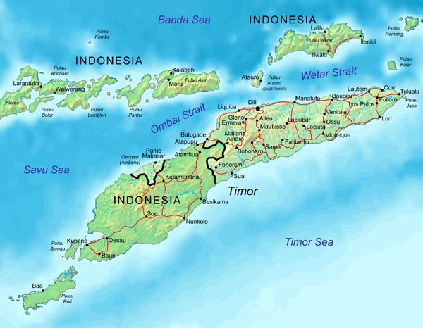 Road and physical map of East Timor. East Timor road and physical map.