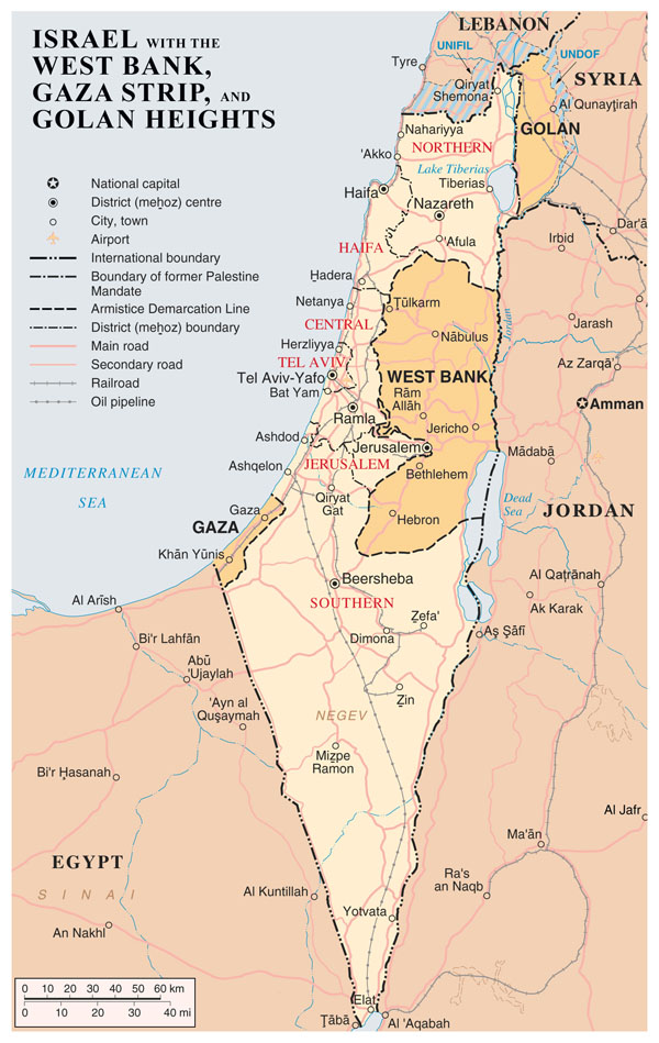 Large detailed map of Israel with the West Bank, Gaza Strip and Golgan Heights.