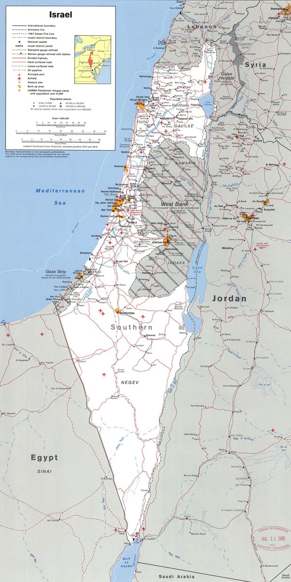 Large detailed political map of Israel with the West Bank, Gaza Strip and Golgan Heights.