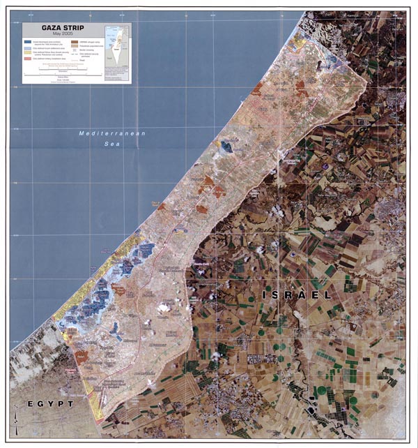 Large detailed road and satellite map of Gaza Strip.