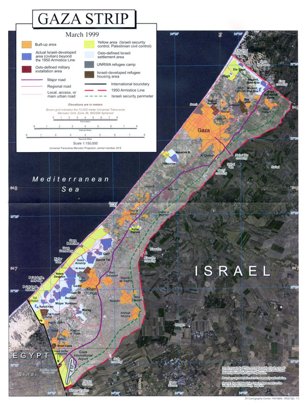 Large detailed satellite map of Gaza Strip with other marks.