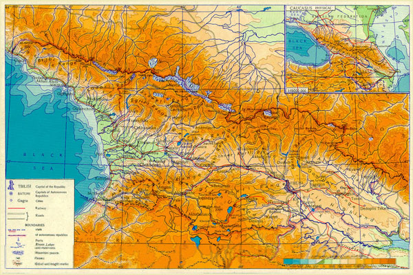 Detailed physical map of Georgia. Georgia detailed physical map.