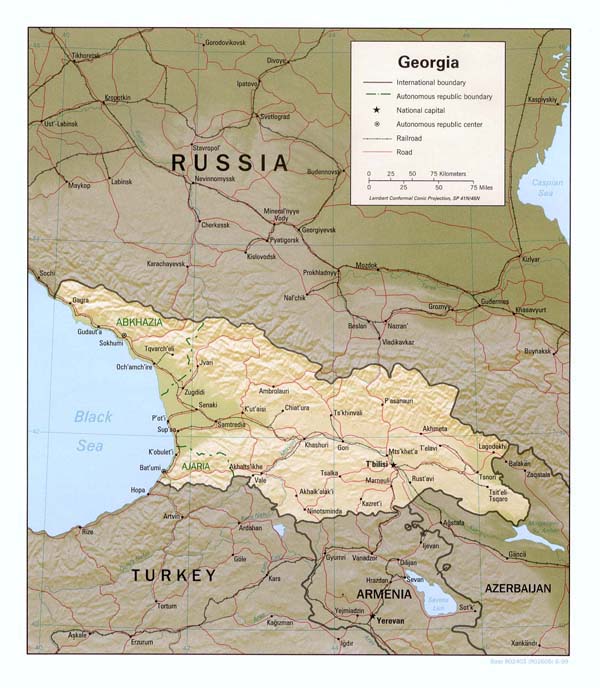 Relief and political map of Georgia. Georgia relief and political map.