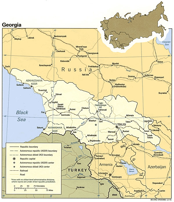 Road and political map of Georgia. Georgia road and political map.